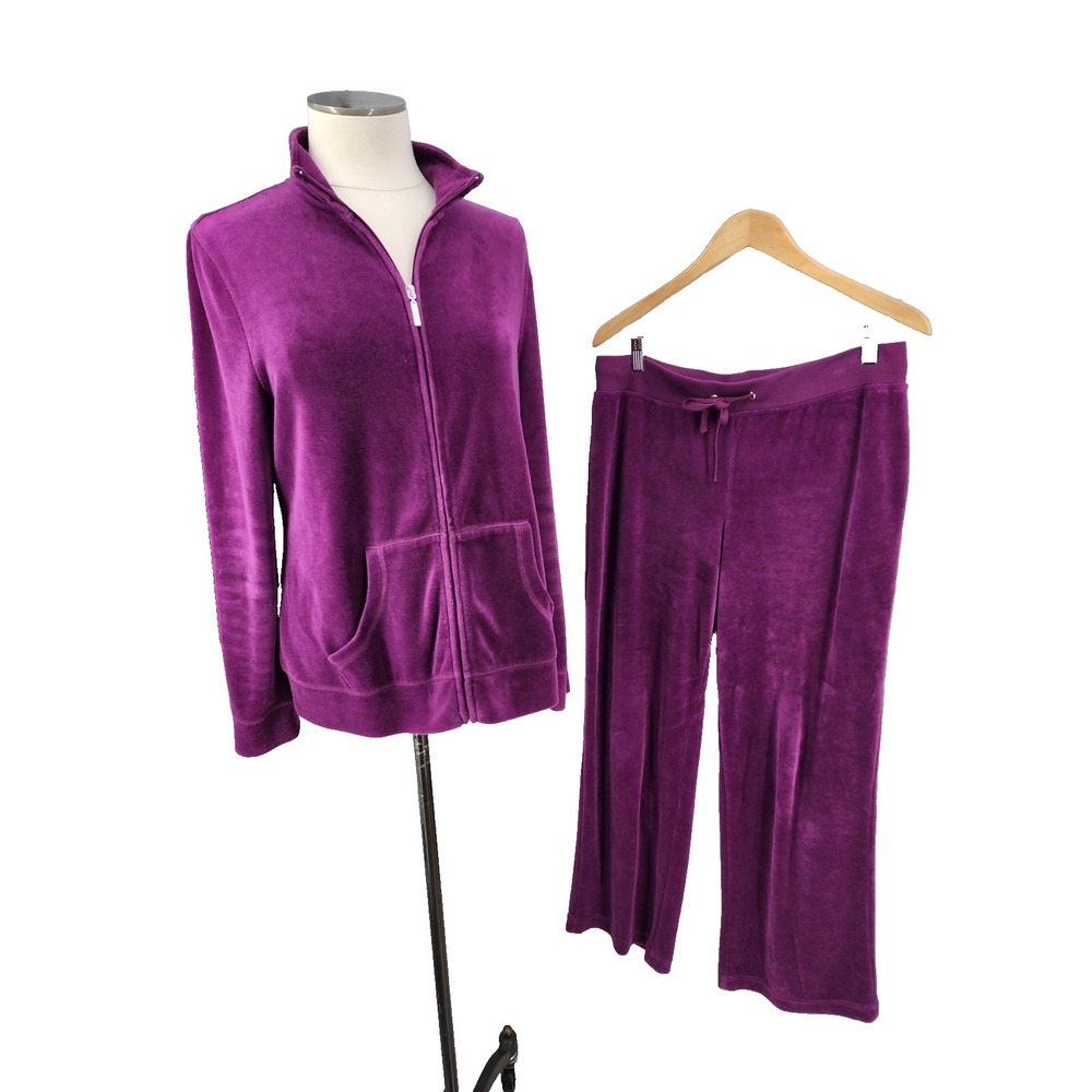 Exertek Purple Velour Tracksuit Set Full Zip Wide Leg Walking Cozy Size Large P
